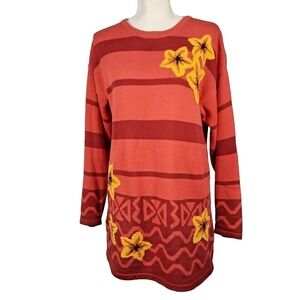 Vintage PICONE SPORT SP Oversized Cotton Tunic Sweater Coral Yellow Floral Artsy